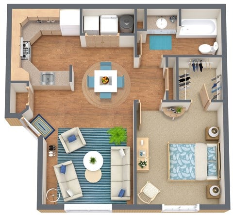 Floor plan for 1 bed, 1 bath, 690 sqft